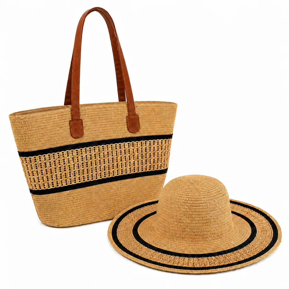 Brown and Black Beach Bag and Hat Set | C-3132-BR
