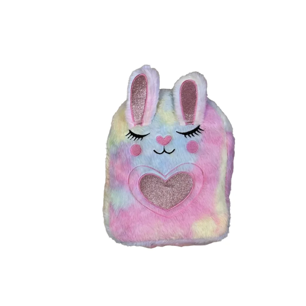 Kids Plush Bunny Backpack - Pastel Rainbow Fur with Glitter Heart | 356-3