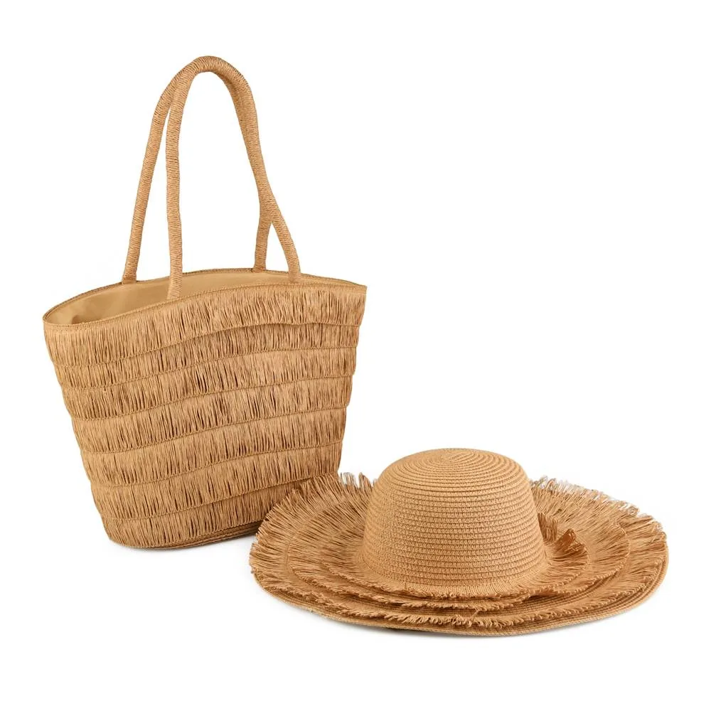 Brown Fringe Beach Bag and Hat Set | C-3131-BRW