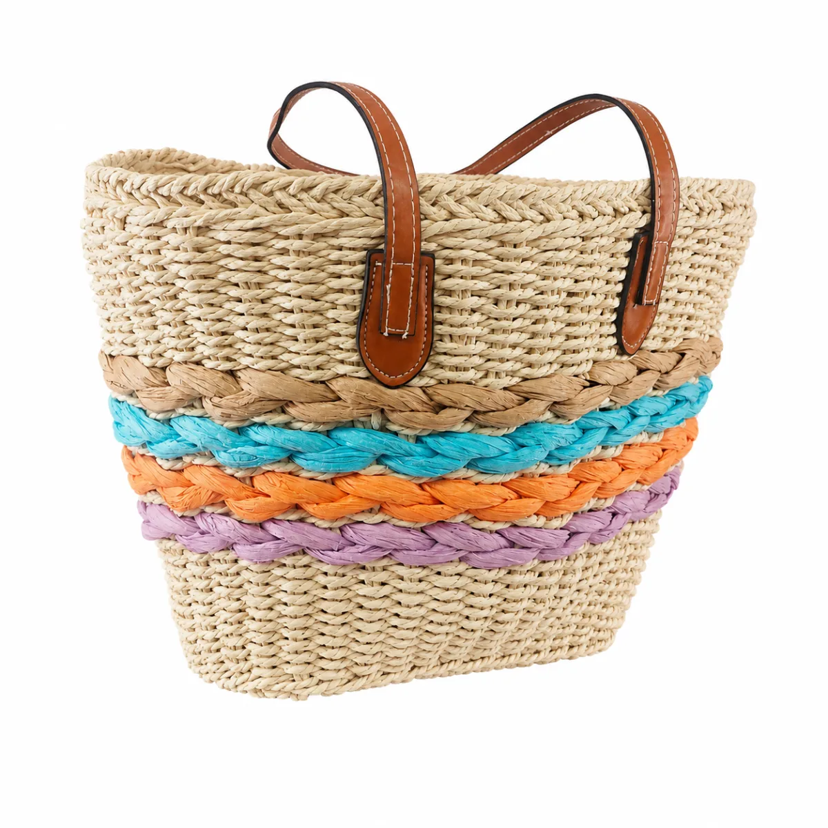 Beach Straw Tote Bag with Colorful Braided Stripes | C3129