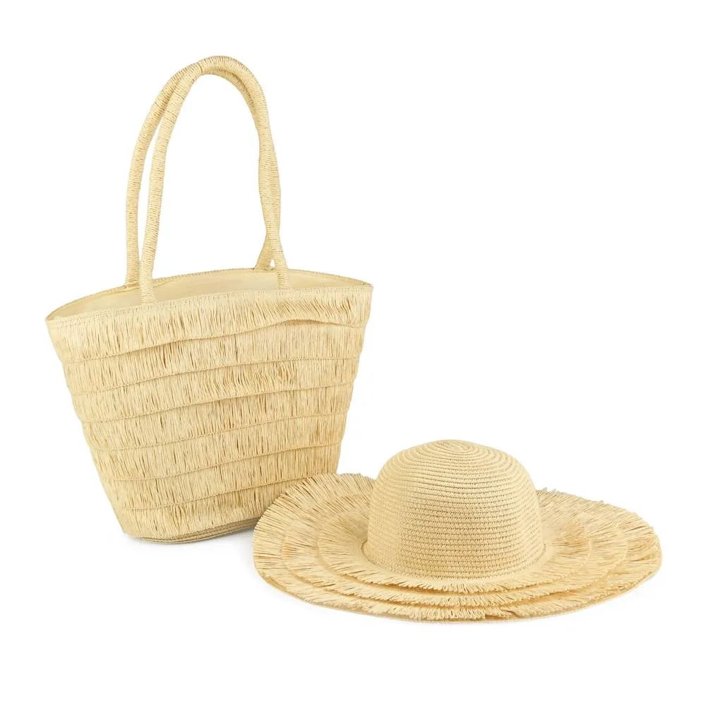 Beige Fringe Beach Bag and Hat Set | C-3131-BEG
