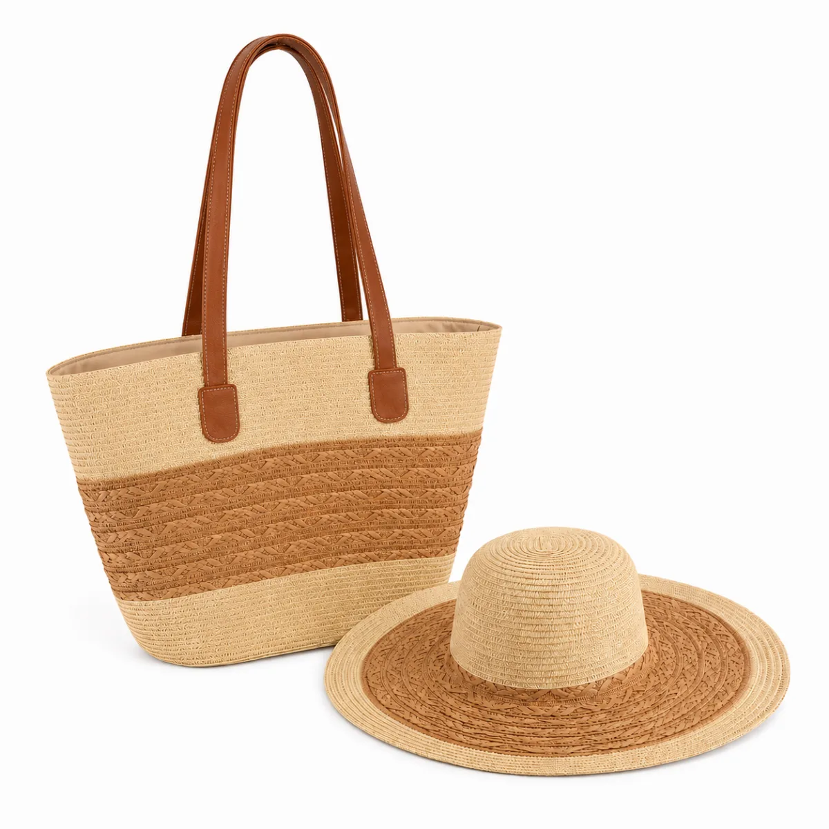 Beige and Brown Beach Bag and Hat Set | C-3130-BG