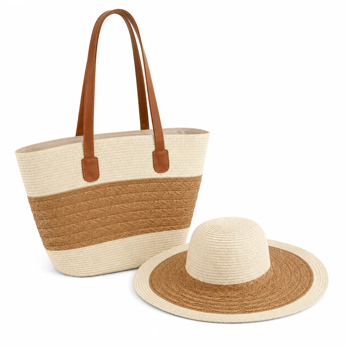 White and Brown Beach Bag and Hat Set | C-3130-WH